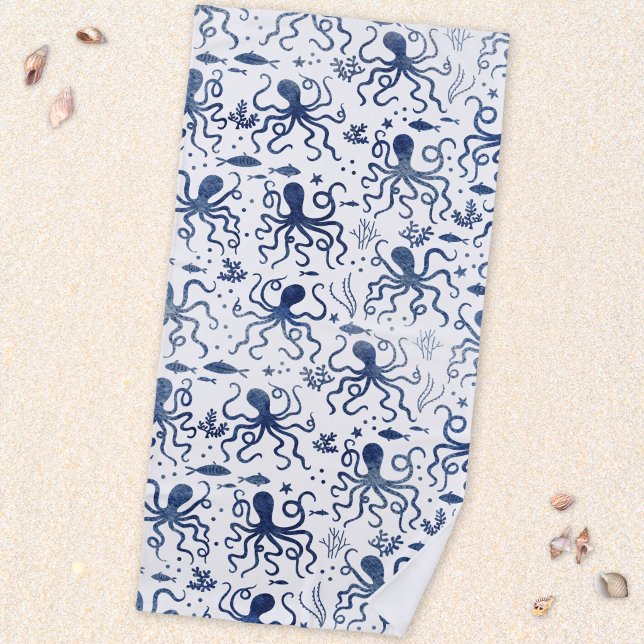 Nautical Blue Watercolor Octopus Undersea Pattern Beach Towel (Octopus pattern blue and white watercolor art beach towel)