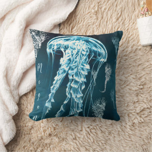 Nautical blue watercolor seahorses jellyfish cushion