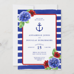 Nautical Blue Watercolor Stripes Floral Wedding Invitation