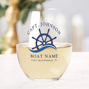 Nautical Blue Wave Navy Captain Ship Helm Boat Stemless Wine Glass