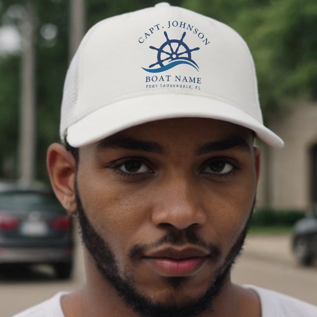 Nautical Blue Wave Navy Captain Ship Helm Boat Trucker Hat (Creator Uploaded)