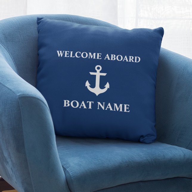 Nautical Blue Welcome Aboard Boat Name Navy Blue Cushion (Customize to change text size or text style.)