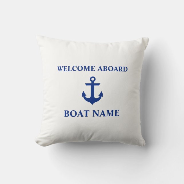 Nautical Blue Welcome Aboard Boat Name White Cushion (Front)