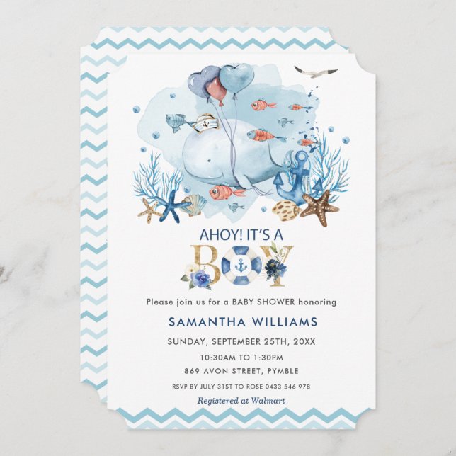 Nautical Blue Whale Ahoy It's a Boy Baby Shower Invitation (Front/Back)