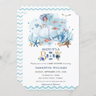 Nautical Blue Whale Ahoy It's a Boy Baby Shower Invitation