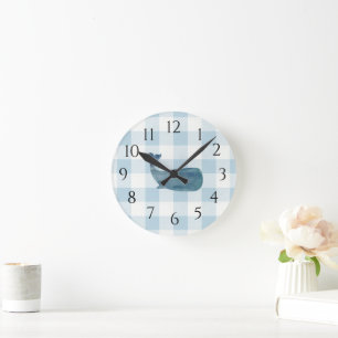 Nautical Blue Whale Gingham Pattern Round Clock