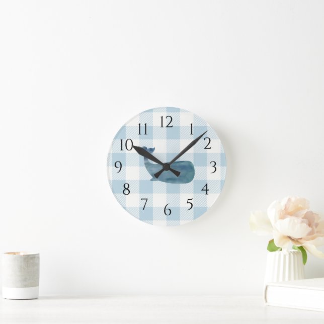 Nautical Blue Whale Gingham Pattern Round Clock (Home)