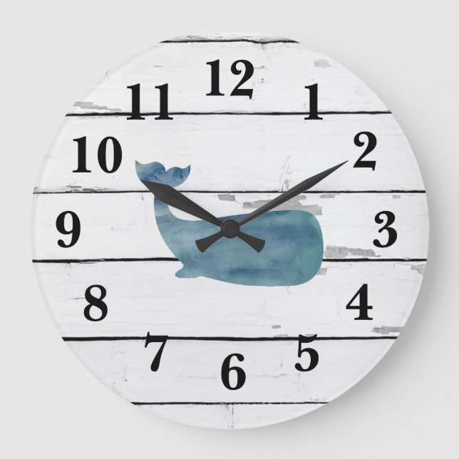 Nautical Blue Whale Shiplap Rustic Decor Large Clock (Front)