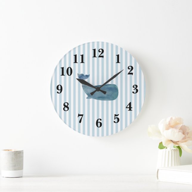 Nautical Blue Whale Stripe Preppy Large Clock (Home)