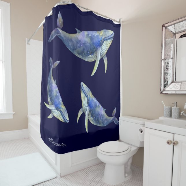 Nautical  Blue Whale Watercolor White Wood Name  Shower Curtain (In Situ)