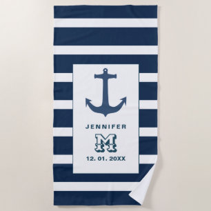 Nautical blue White Anchor Personalised Monogram Beach Towel