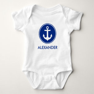 Nautical Blue White Anchor Personise Baby Bodysuit