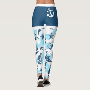 Nautical Blue White Anchor Sailboat Sea Life Beach Leggings