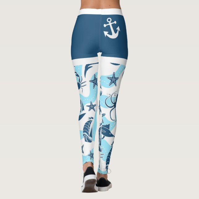 Nautical Blue White Anchor Sailboat Sea Life Beach Leggings (Back)