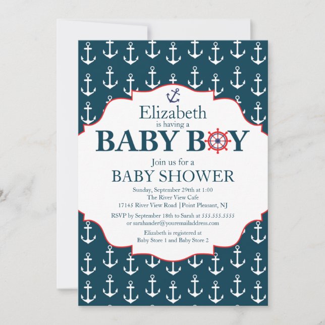 Nautical Blue & White Anchors Boys Baby Shower Invitation (Front)