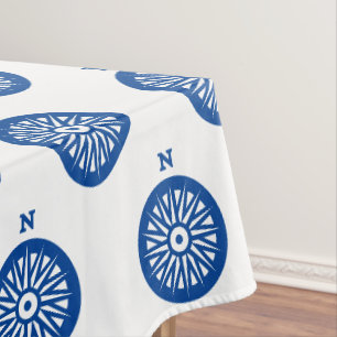 Nautical blue white compass pattern modern coastal tablecloth
