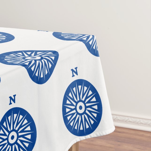 Nautical blue white compass pattern modern coastal tablecloth (In Situ)