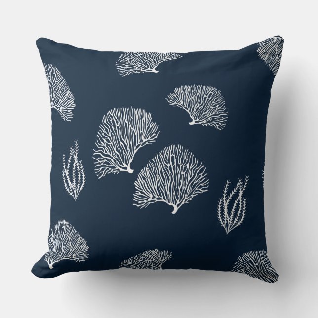 Nautical Blue White Coral Reef Pattern Cushion (Front)