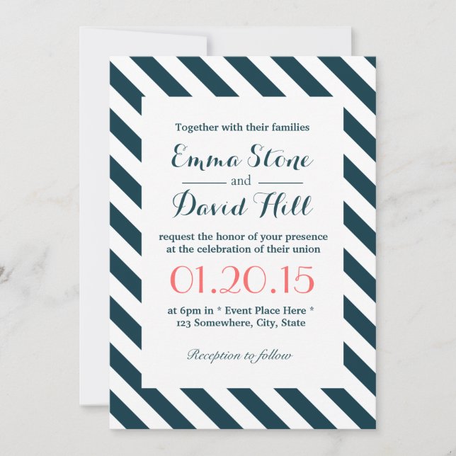 Nautical Blue & White Diagonal Stripes Wedding Invitation (Front)