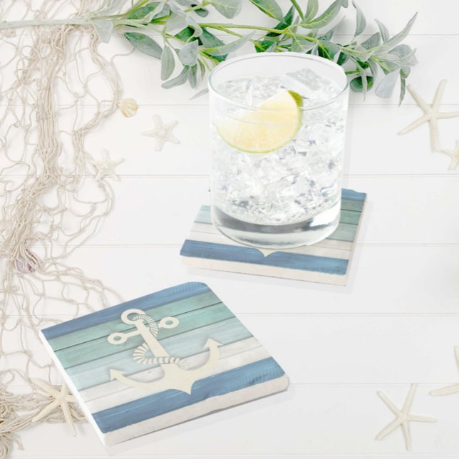 Nautical Blue White Distressed Wood Anchor  Stone Coaster (Creator Uploaded)