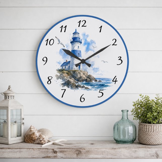 Nautical Blue White Lighthouse  Large Clock (Creator Uploaded)