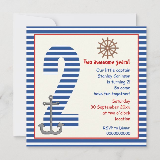 Nautical blue, white sailboat 2nd birthday party invitation (Front)