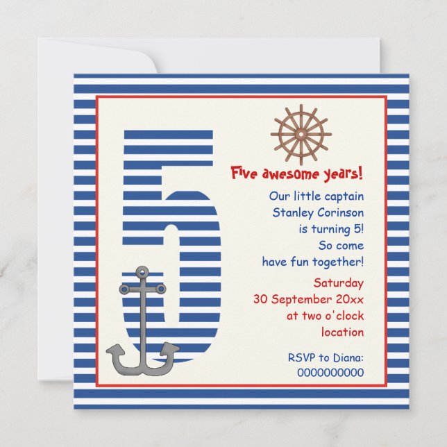 Nautical blue, white sailboat 5th birthday party invitation (Front)