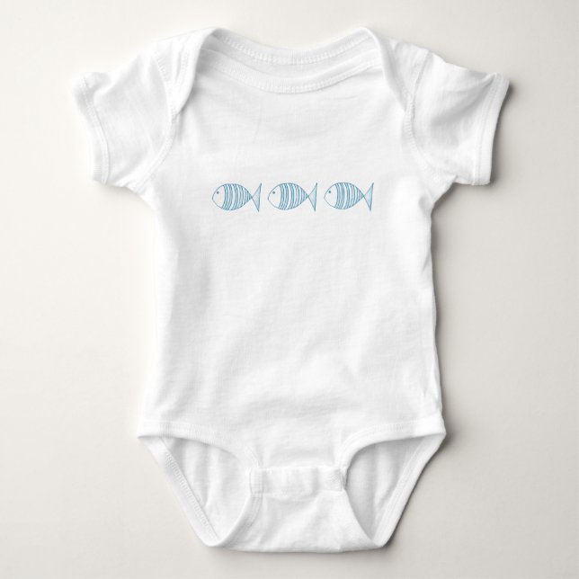 Nautical Blue White Stripe Fish  Baby Bodysuit (Front)