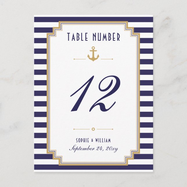Nautical Blue White Striped Table Number Card (Front)