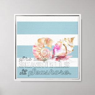 Nautical Blue White Stripes Pink Gold Shells Canvas Print
