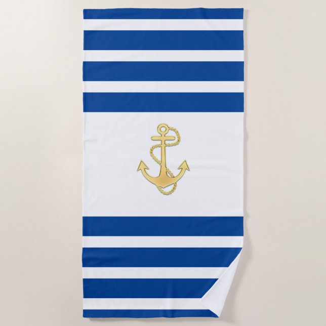 Nautical Blue White Stripes with Gold Anchor Beach Towel (Front)