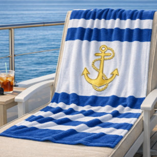 Nautical Blue White Stripes with Gold Anchor Beach Towel