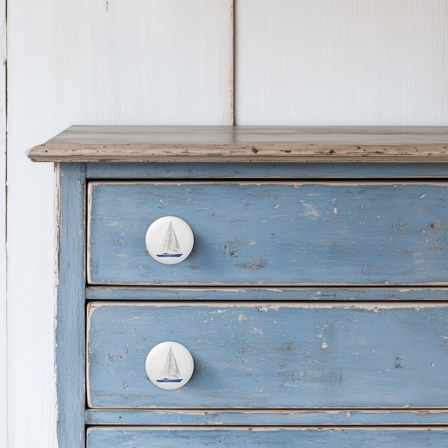 Nautical Blue Yacht Sail Boat  Ceramic Knob (Sail Boat Ceramic Knobs)