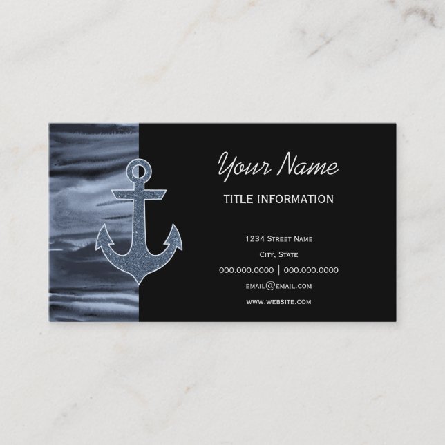 Nautical Bluish Grey Watercolor Glitter Anchor Business Card (Front)