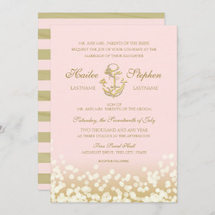 Nautical Blush and Gold Sparkle Wedding Invitation