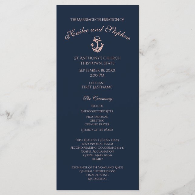 Nautical Blush and Navy Blue Wedding Program Programme (Front)