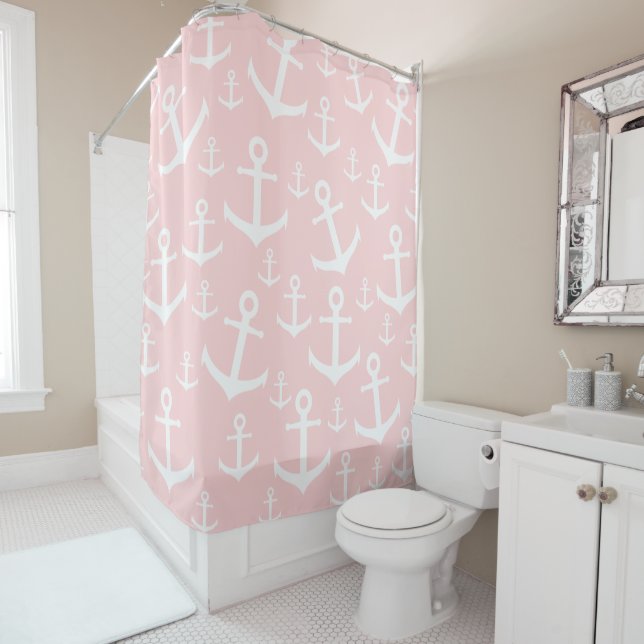 Nautical blush pink & white anchor pattern shower curtain (In Situ)