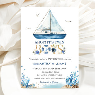 Nautical Boat Ahoy It's Twin Boys Baby Shower  Invitation