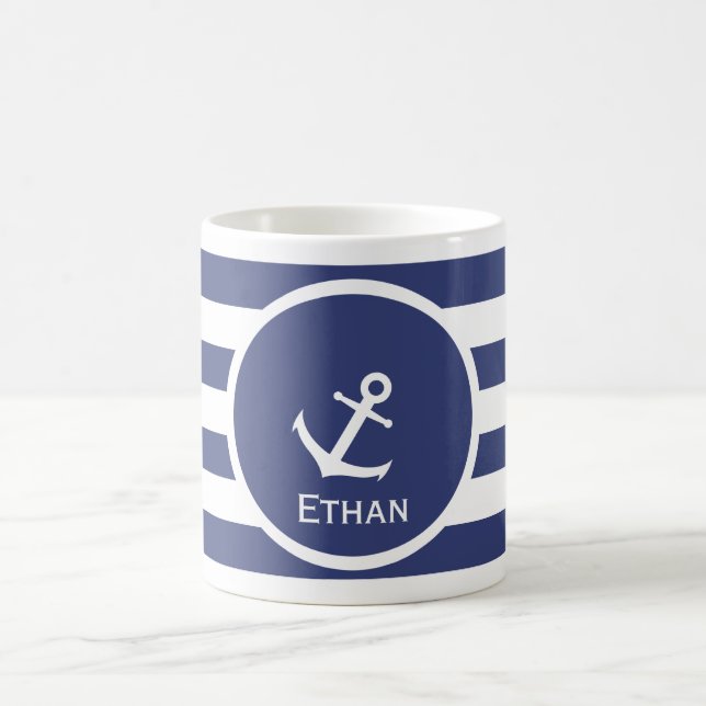 Nautical Boat Anchor Blue and White Stripes Name Coffee Mug (Center)