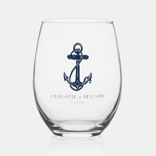 Nautical Boat Anchor Coastal Wedding Stemless Wine Glass
