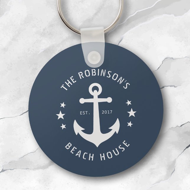 Nautical Boat Anchor Family Name Beach House Blue Key Ring (Creator Uploaded)