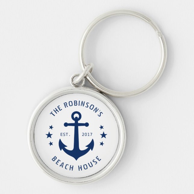 Nautical Boat Anchor Family Name Beach House White Key Ring (Front)