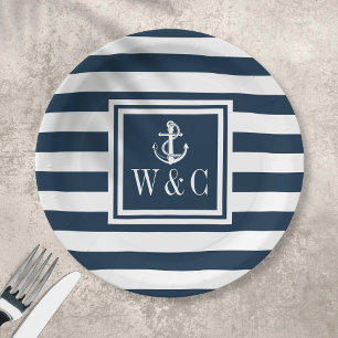 Nautical Boat Anchor Monogram Navy Blue Stripe Paper Plate