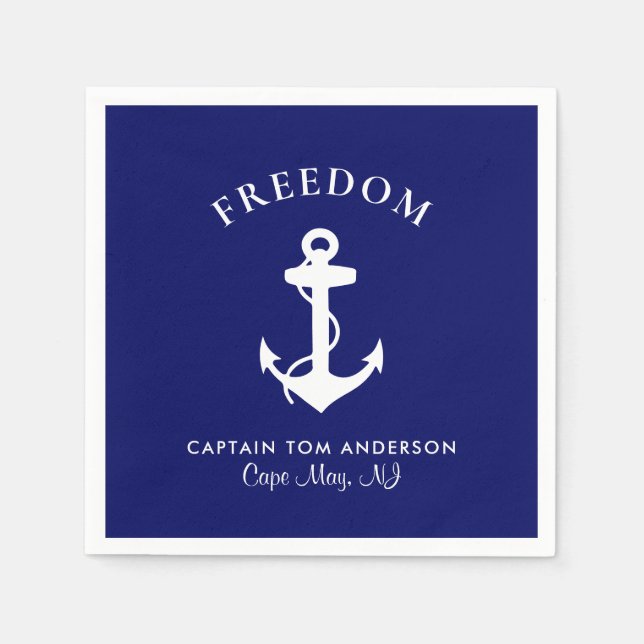 Nautical Boat Anchor Navy Blue Captain Family Name Napkin (Front)
