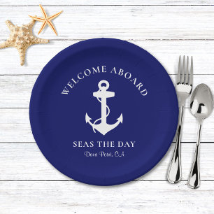 Nautical Boat Anchor Navy Blue Paper Plate