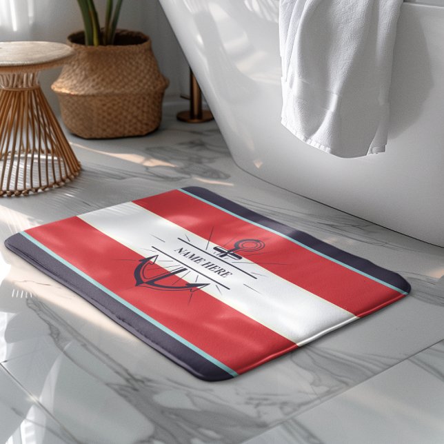 Nautical Boat Anchor Navy Blue Red White Bath Mat (Creator Uploaded)