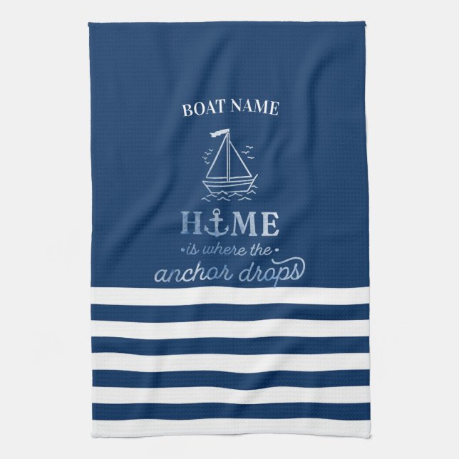 Nautical Boat Anchor Navy Blue Striped   Tea Towel (Vertical)
