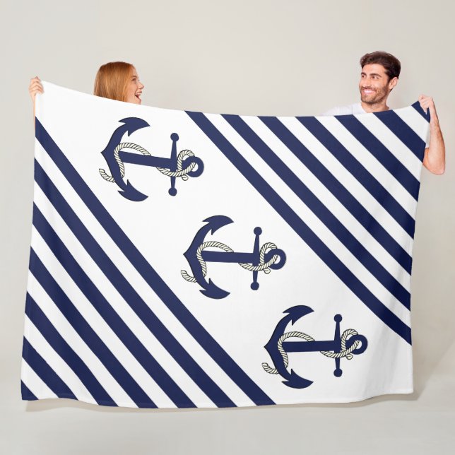 Nautical Boat Anchor/Navy blue/white stripes Fleece Blanket (In Situ)