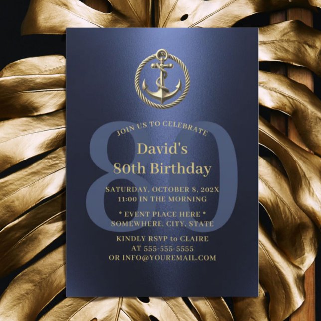 Nautical Boat Anchor Navy & Gold 80th Birthday Invitation (Creator Uploaded)