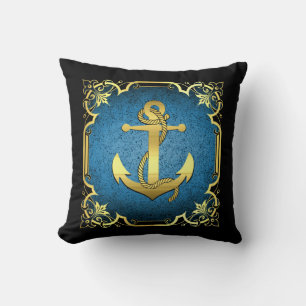 Nautical boat anchor silhouette/gold/blue/black cushion